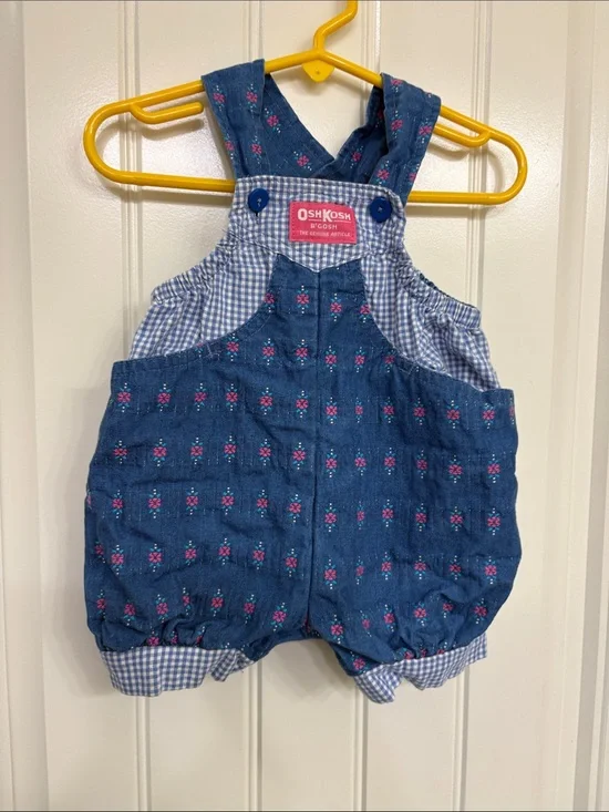 Vintage OshKosh B'gosh Denim-Style Blue Floral Gingham Bubble Romper
