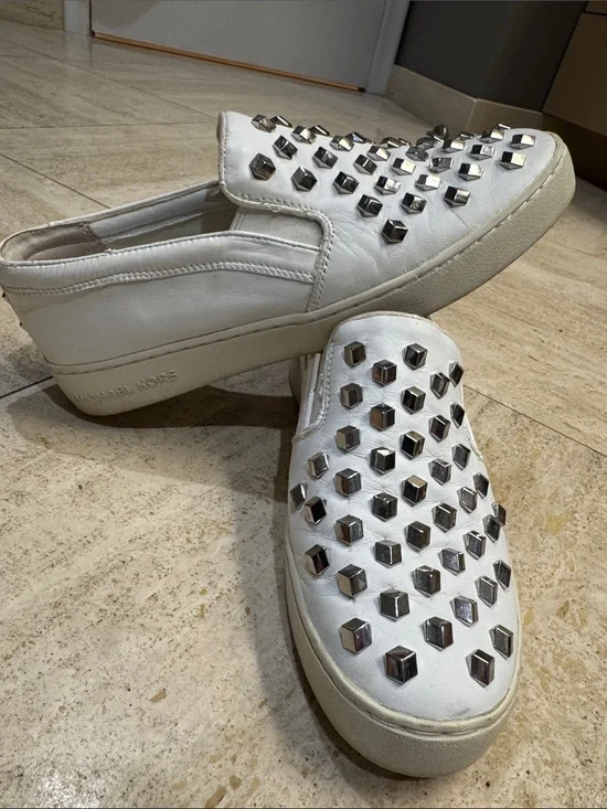 Michael Kors White Leather Slip-On Sneakers with Silver Studs