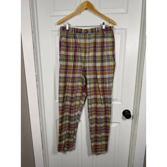 Vintage J.Crew‎ Mens 34 Plaid Pleated Cotton Trousers Multi Color Madras Chinos