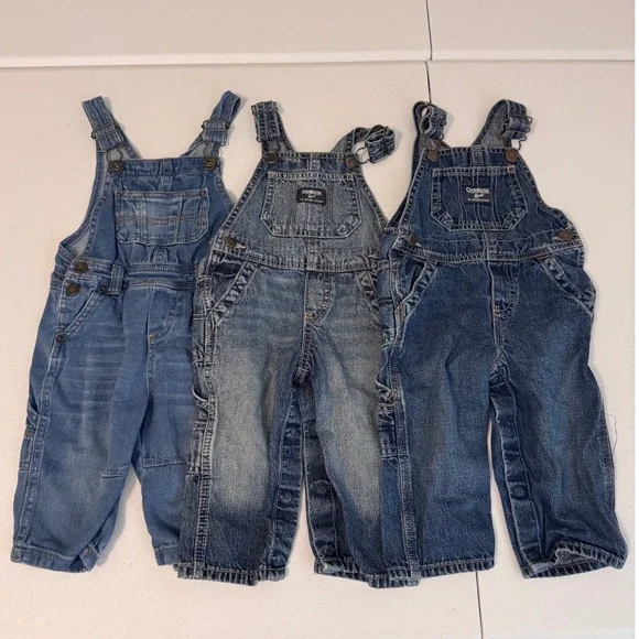 Lot of 3 OshKosh B'Gosh Genuine Kids Denim Overalls Blue 12 Months bb