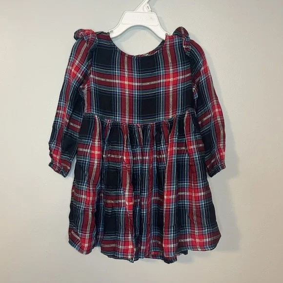 OshKosh Red Navy Plaid Party‎ Dress Gold Thread Size 2T EUC Holiday Pictures