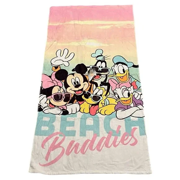 Disney Beach Towel 29x59 Mickey Minnie Pluto Daisy Donald Goofy Buddies Cotton