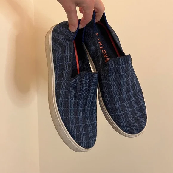 Rothys The Sneaker‎ Navy Windowpane Blue Plaid Slip On Shoes Size 8.5