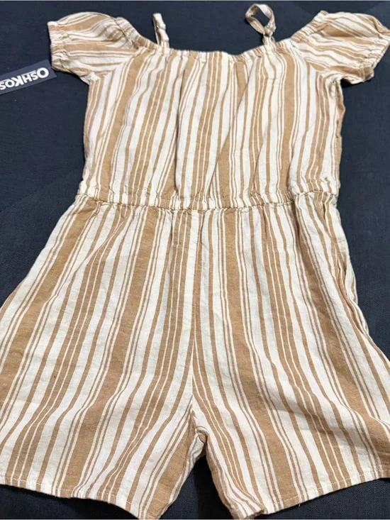 OshKosh B'gosh Tan and White Striped Off the Shoulder Romper Size 6/6x