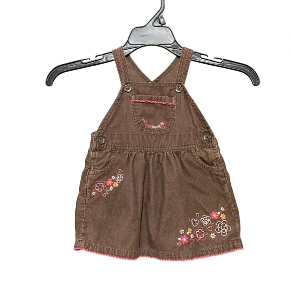 OshKosh B'gosh VeskBak Brown Corduroy‎ Dress Baby 9M Floral Embroidered Overall