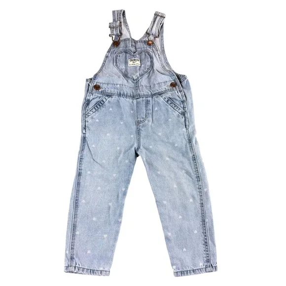 OshKosh‎ Bgosh Toddler Girls 2T Heart Print Denim Overalls Light Wash Blue Bibs