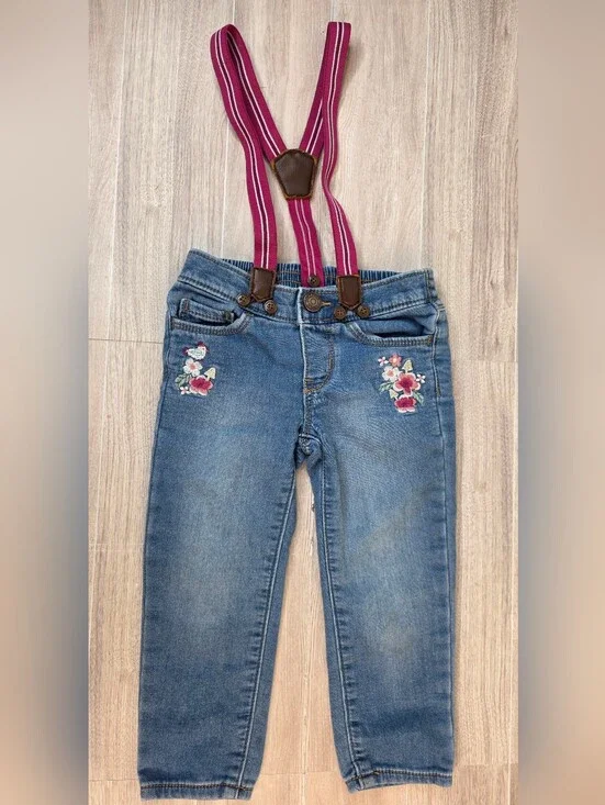 Adorable 2T OshKosh B'gosh Blue Denim Jeans with Pink Striped Suspenders