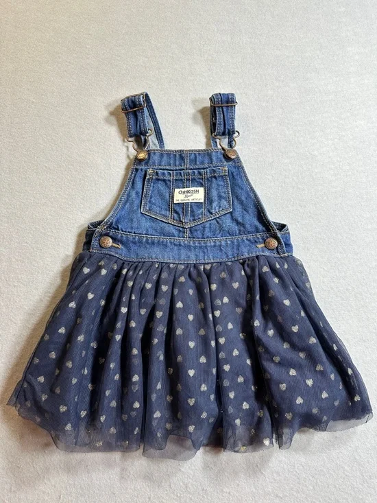OshKosh B’gosh Toddler Girls 18M Overall Dress Tulle‎ Silver Hearts Jumper