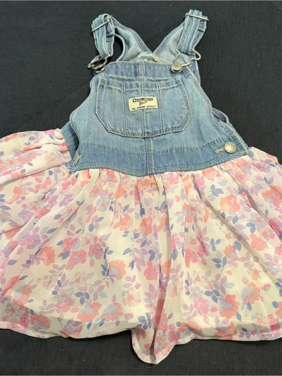 OshKosh B'gosh Denim Floral Jumper Dress - Pink & Purple Vintage Sz 24M