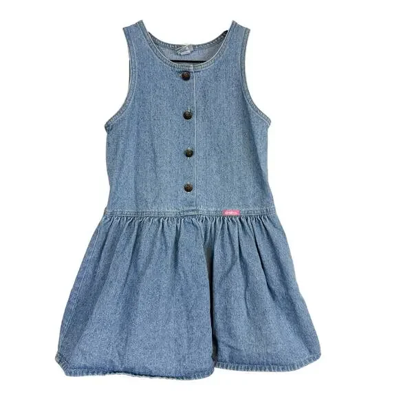 OshKosh B'gosh Denim Jumper Button Dress Blue Cotton USA Girls - 6X