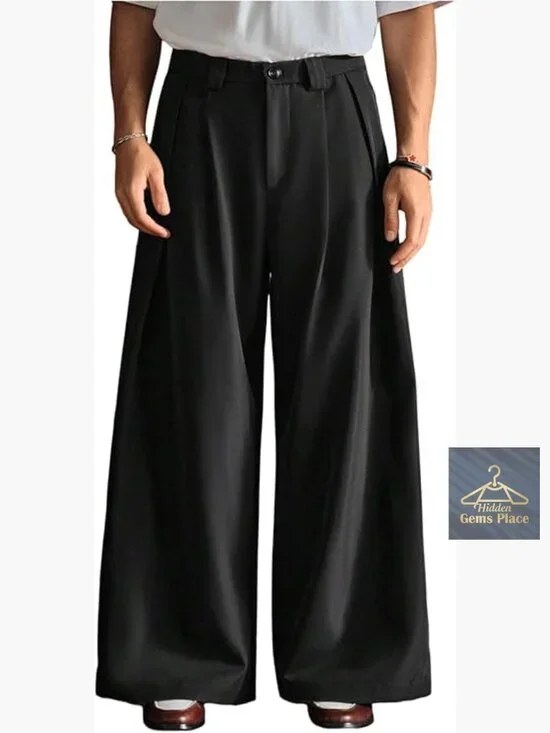 Men's Baggy Pleated Dress Pants Low Rise Wide Leg Work Trousers Business Slacks