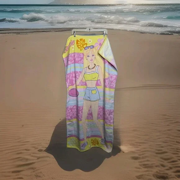 Vintage Mattel Barbie Beach Towel Blond Pink White Flowers Summer 2000 Movie