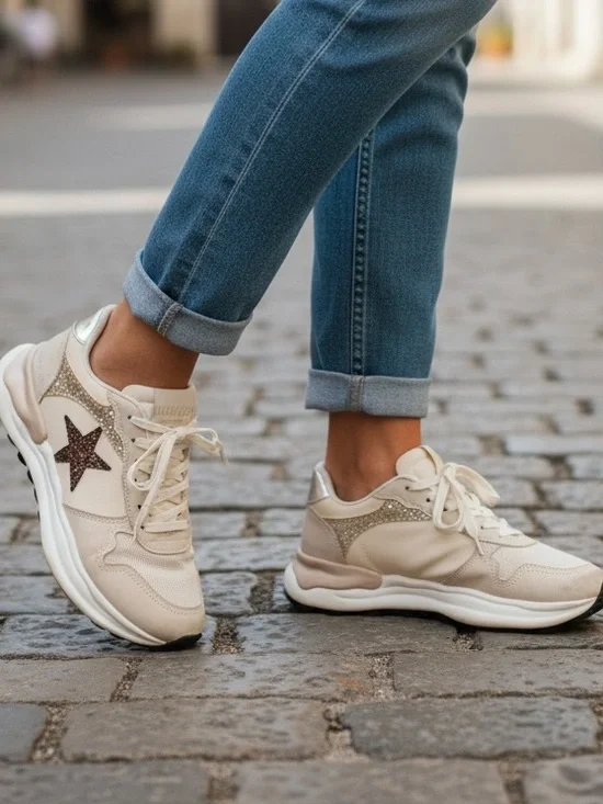 Vintage Havana Cloud Cream & Gold Star Accent Casual Sneakers