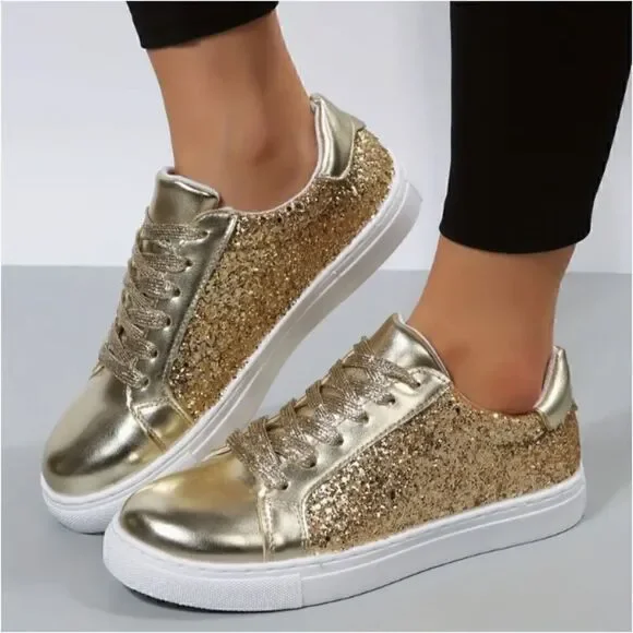 Women's Gold Sequin Glitter Sneakers Shoes Low Top Sparkle Festival