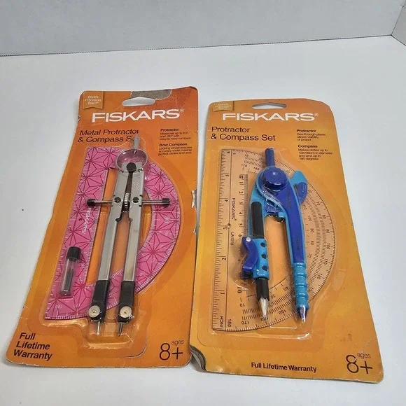 Fiskars Compass Protractor Set‎ Lot One Metal One Plastic Geometry Kit New