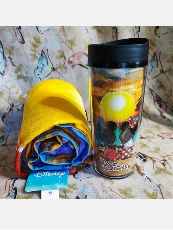 Officially Licensed Disney Sunset Beach Towel & Non Spill Cup Jerry Leigh NWT