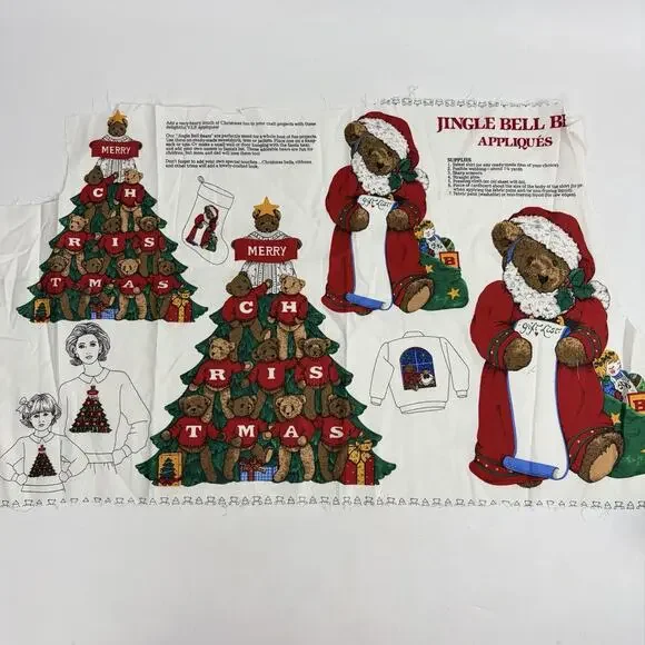 VIP Fabric Panel Jingle Bell Bear Appliqués Cranston Christmas Cotton Vintage