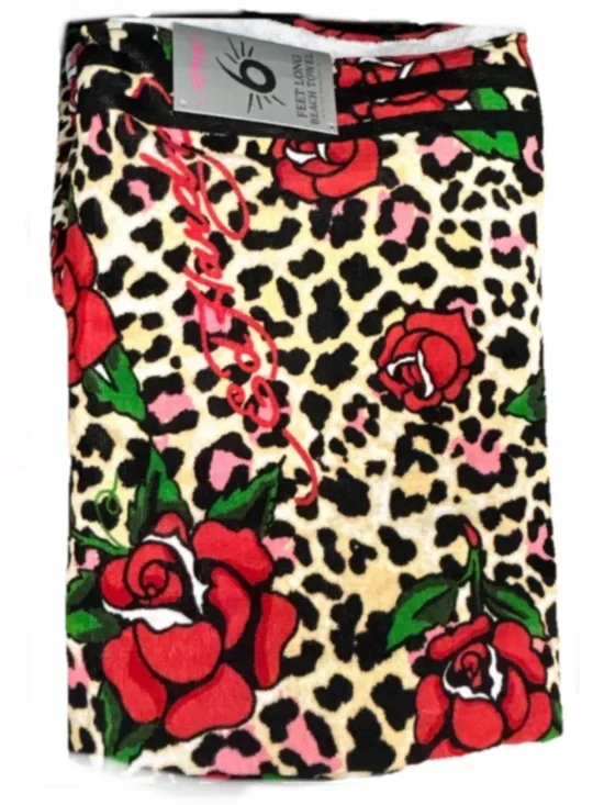 Ed Hardy Rose and Animal Print 6 Foot Beach Towel 36”x72”