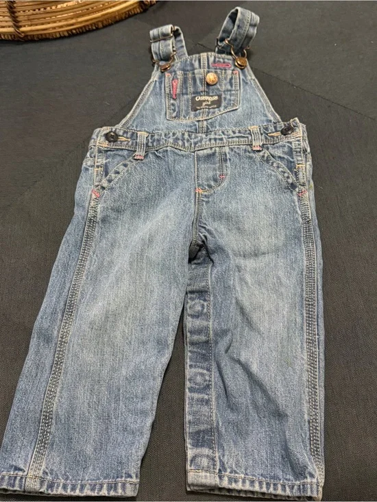 OshKosh B'gosh Girl Denim Overalls with Pink Contrast Stitching Sz 12M Rare