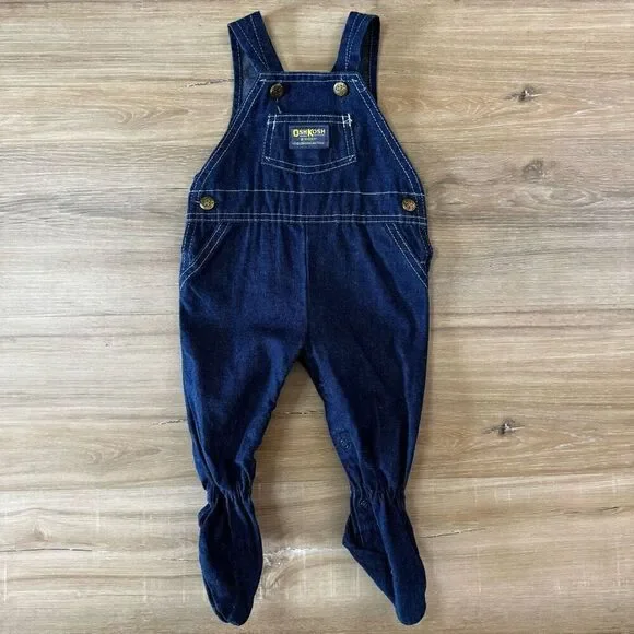 Vintage OshKosh B'Gosh Baby 6/9 Months Footie Denim Overalls Dark Blue Jean