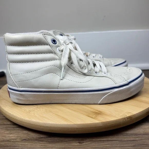 Vans Sk8-Hi Sneakers Womens 7 Mens 5.5 Off-White Leather Good High Top Blue Trim