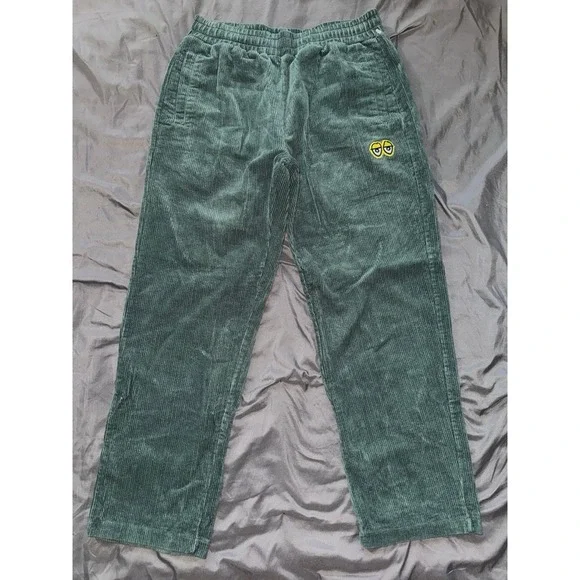 Krooked Mens Baggy Fit Drawstring Corduroy Pants‎ Dark Green Embroidered Sz M