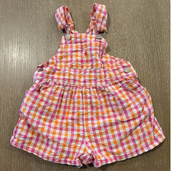 OshKosh B'gosh Toddler Gingham Plaid Shortall Romper Pink Orange 18M Seersucker