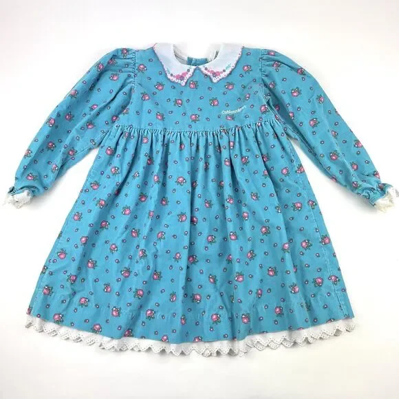 OSHKOSH B'GOSH Corduroy Long Sleeve Dress VTG 90s Floral Blue Kids Youth Girl 6