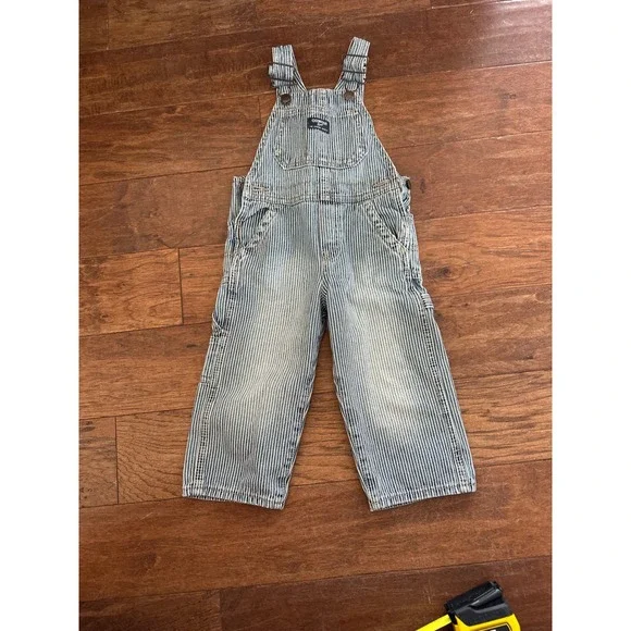 OshKosh Bgosh 2T Hickory Stripe Vestbak Railroad Denim Overalls Blue White Kids