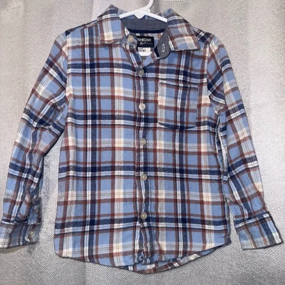 Oshkosh B'Gosh Long Sleeve Shirt Button Up Sz 4T Plaid Flannel Blue Brown White
