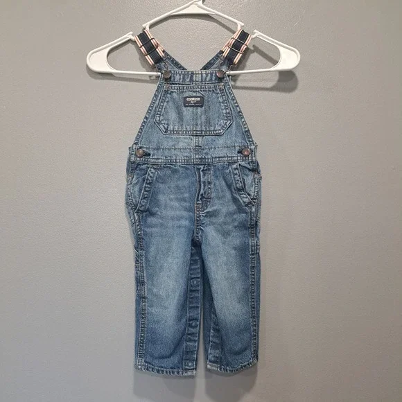 OshKosh B'gosh Kids Blue Denim Vestbak Overalls 12-18M Carpenter Stripe Kidcore
