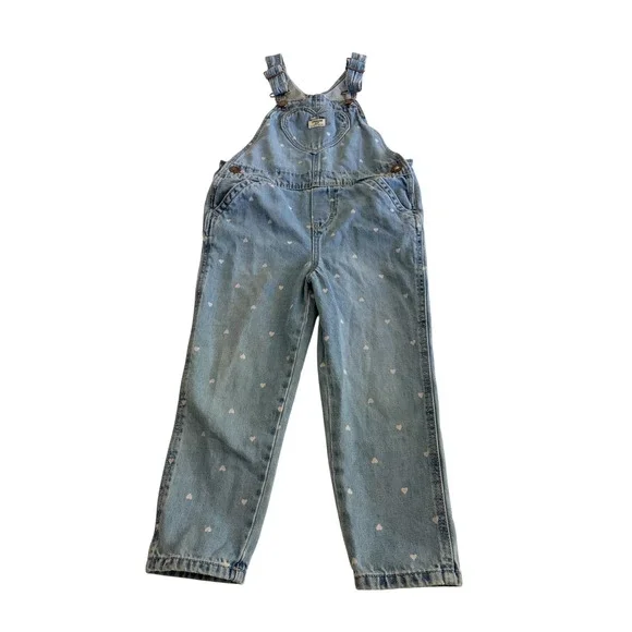 OshKosh Bgosh Girls 4T Blue Denim Heart Print Bib Overalls Heart‎ Pocket