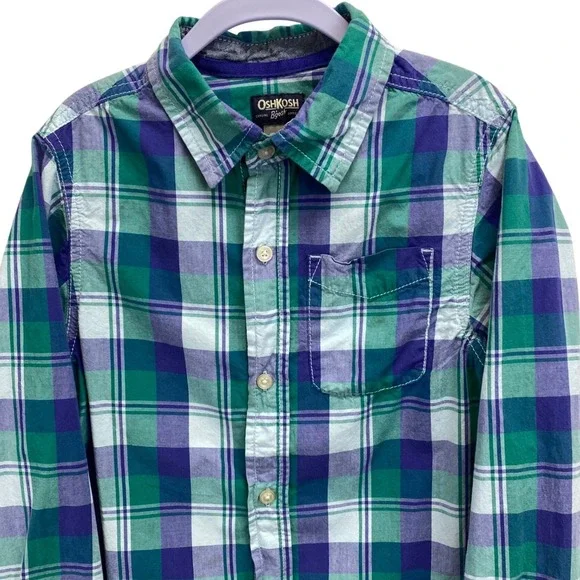 Oshkosh B'gosh Kids Boys Plaid Button Down Shirt Sz 12 Green Purple Long Sleeve