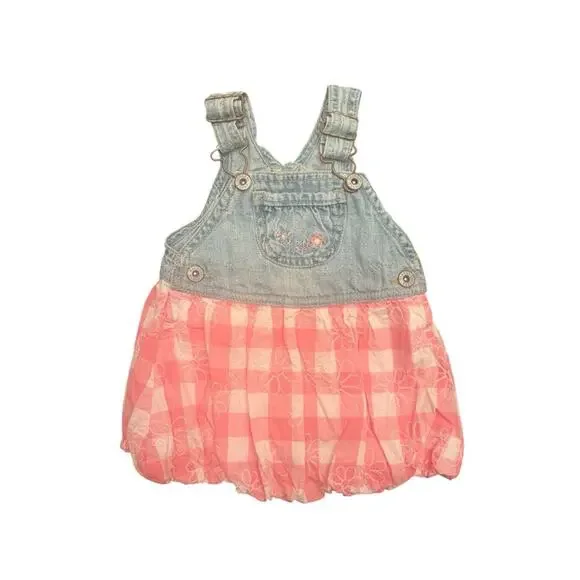 Vintage OshKosh B'gosh VestBak Denim Gingham Pink Bubble Dress Girls 6 Months