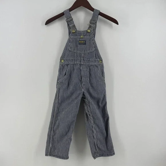 Vtg OshKosh B'Gosh Hickory Stripe Overalls Kids Blue White Union Made Vestbak