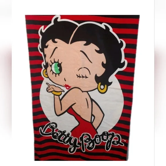 Retro Betty Boop Beach Bath Towel Red Black Striped Terry Cotton Sz 58 X 29 Nwot