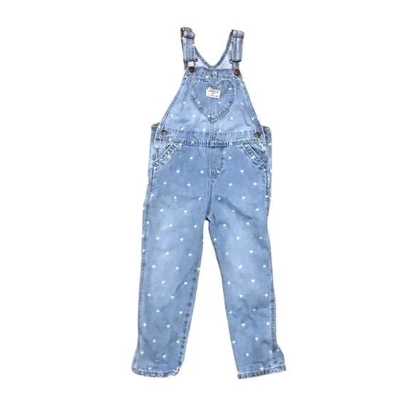 OshKosh B'gosh Girls Blue Heart Print Denim Overalls Size 5T Light Wash Bibs