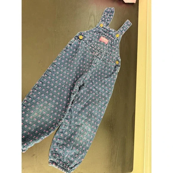 Vintage OshKosh Bgosh Girls 3T Denim Overalls Floral Tulip Pink Made in USA 90s