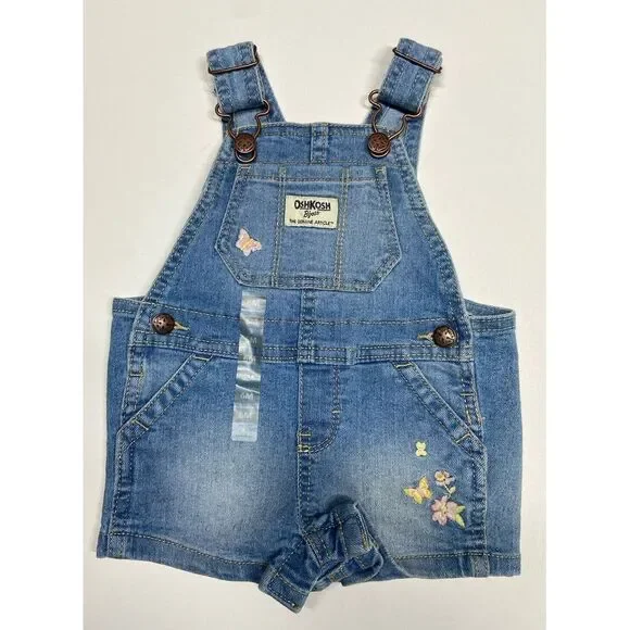 Oshkosh B'Gosh Girls‎ 6M Jean Short Overalls V-Back Floral Embroidery Light Blue