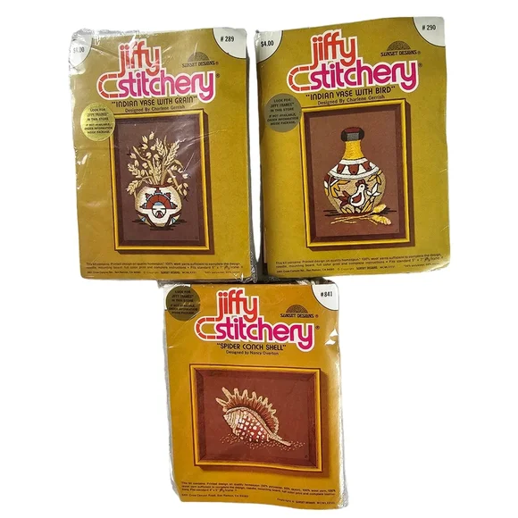 Jiffy Stitchery Needlepoint Embroidery Kit Lot of 3 Vintage Vase and Shell NWT