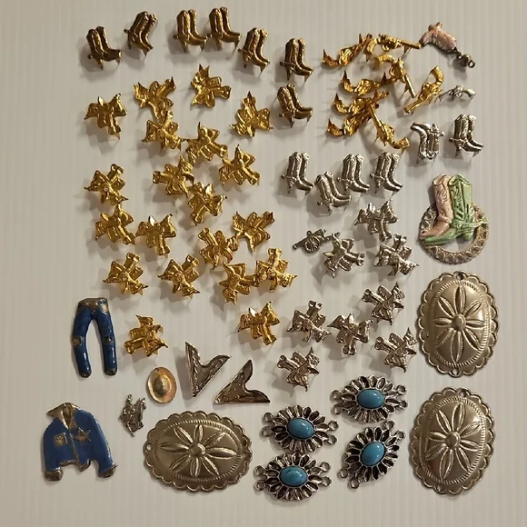 Lots of Western themed crafting brads charms    and More silver blue gold