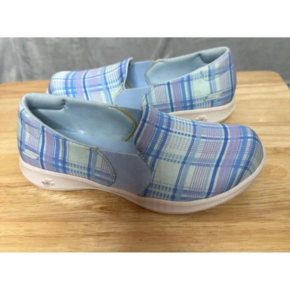 Skechers Womens Go Step Lite Vegan Plaid Slip On Sneakers 7 Washable Blue/Purple
