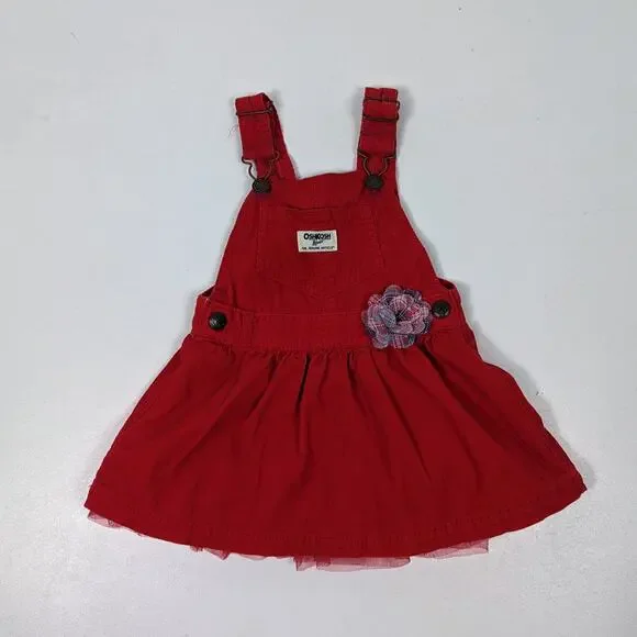 Oshkosh Bgosh Skirtall Girls Size 2T Red Corduroy Flower Tulle Overalls Dress