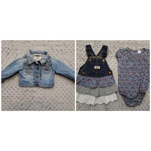 Lot Little Baby Girls OshKosh B'Gosh 9 Months Overalls Dress Shirt Jean Jacket