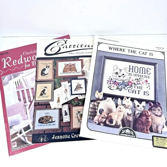 Vintage Cross Stitch Pattern Book Lot Catitudes Redwork Baby Jeanette Crews