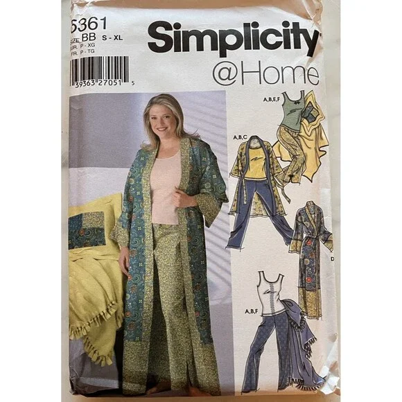 Simplicity Robe,Pants,Top,Blanket,Pillow Cover Pattern 5361 Size S-XL‎ UNCUT