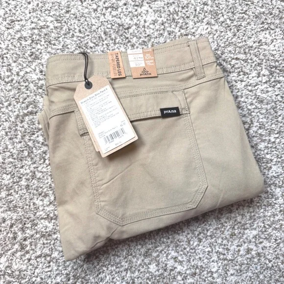 PrAna Stretch Zion Slim Pant II Men's 42x30 Khaki Tapered Leg Hiking Outdoor New