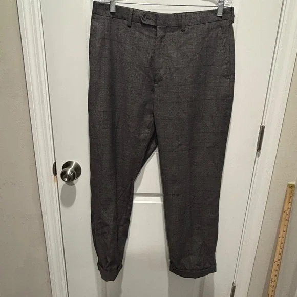Mens Trousers Glen Plaid Cuffed Gray Black 26.5 Inseam
