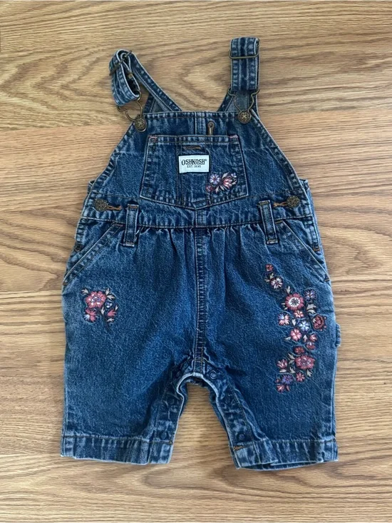 OshKosh B'gosh Dark Blue Denim Overalls with Pink Floral Embroidery - 0-3 month