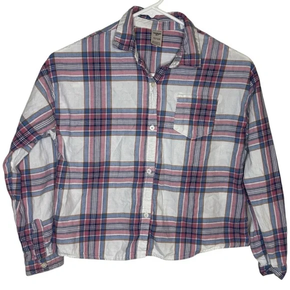 OshKosh B'gosh Plaid Cropped Button Down Shirt - Blue and Pink Girls Size 12/12A